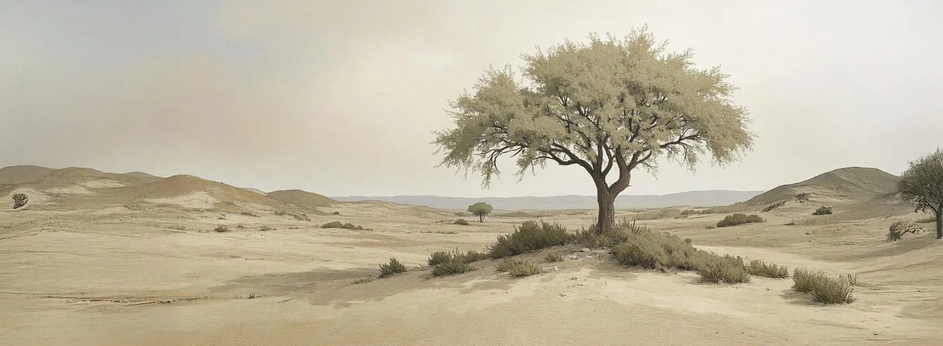 Keturah Ardh, lone Ghaf tree rooted across the desert landscape of the All-Ages Gardens