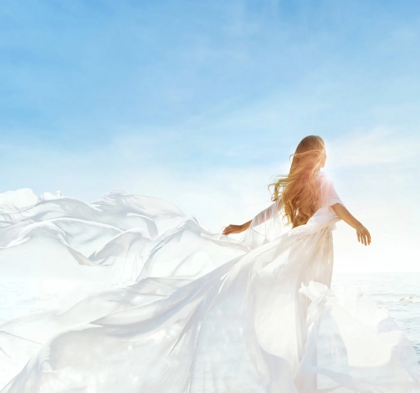 Sky, white fabric carried by the wind