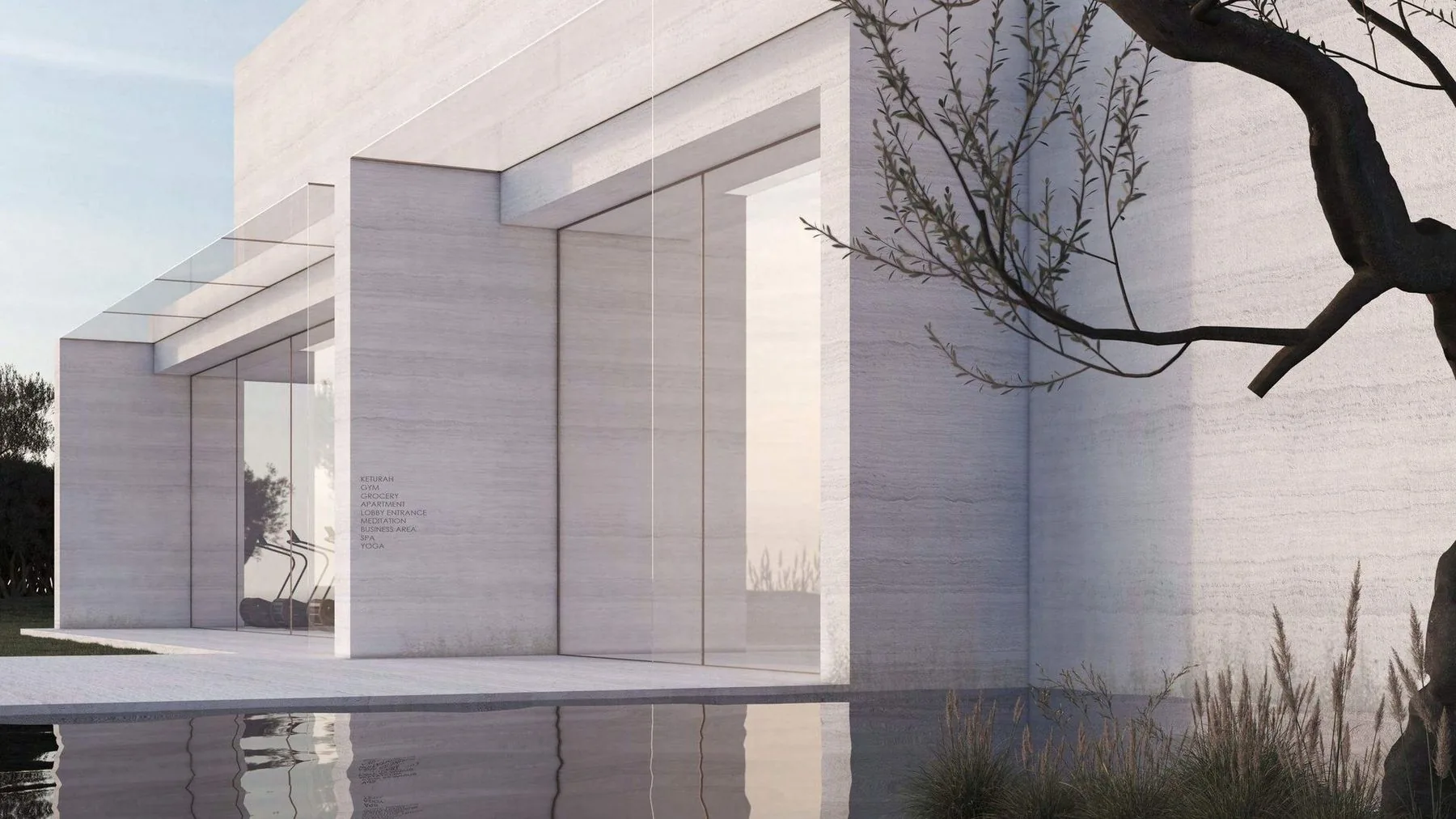 Keturah Reserve, amenity pavilion with travertine façade and reflective pool