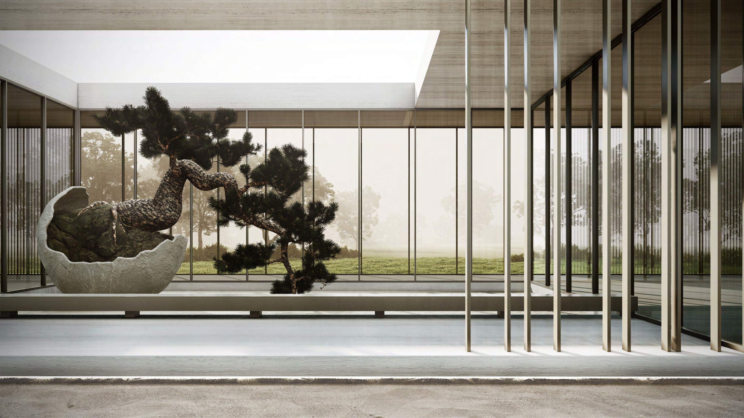 Keturah Reserve, Bio Living pavilion with bonsai sculpture and bronze vertical slats