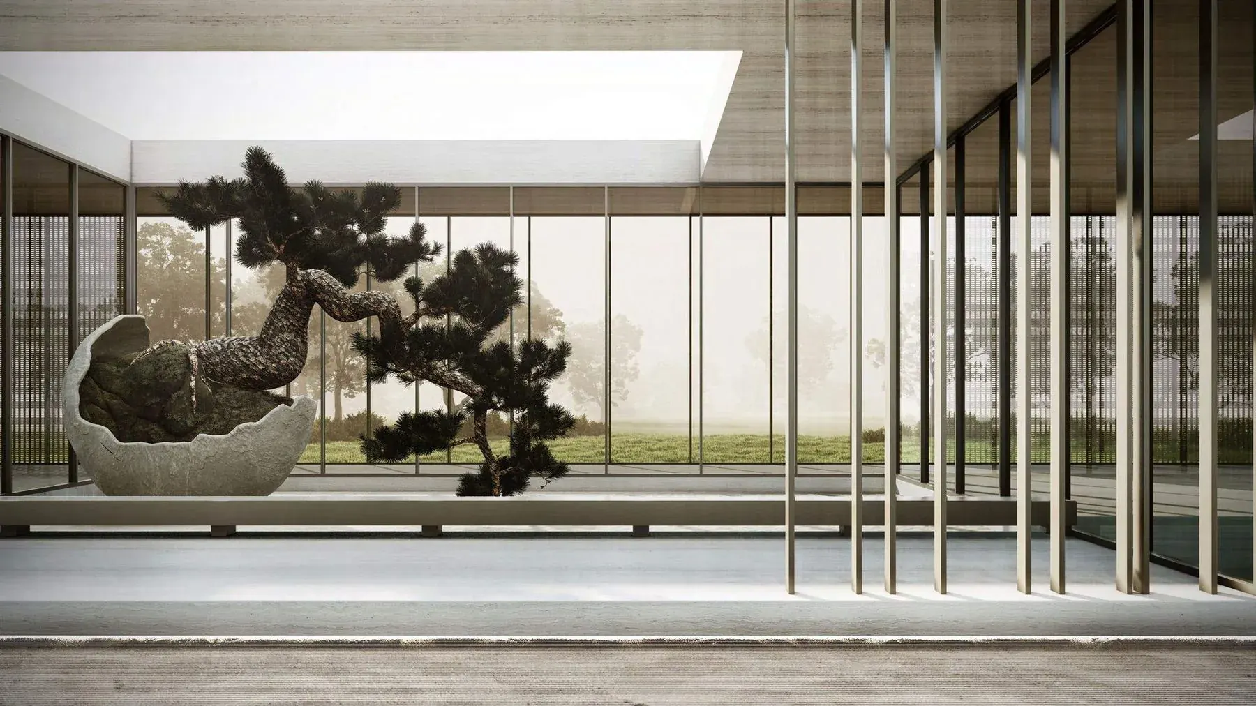 Keturah Reserve, Bio Living pavilion with bonsai sculpture and bronze vertical slats