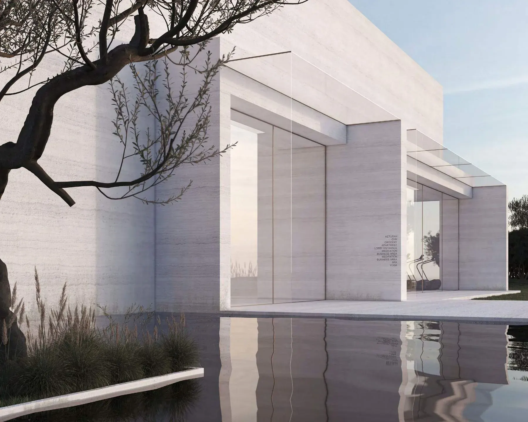 Keturah Reserve, signature villa façade with reflective pool and olive tree