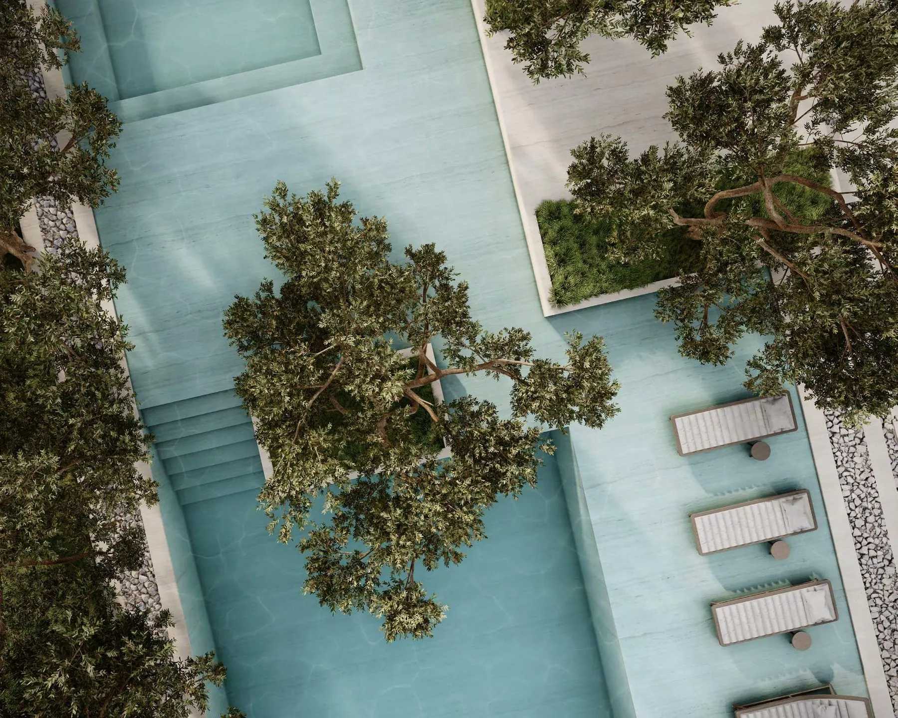 Keturah Reserve, overhead view of community pool with trees and sun loungers