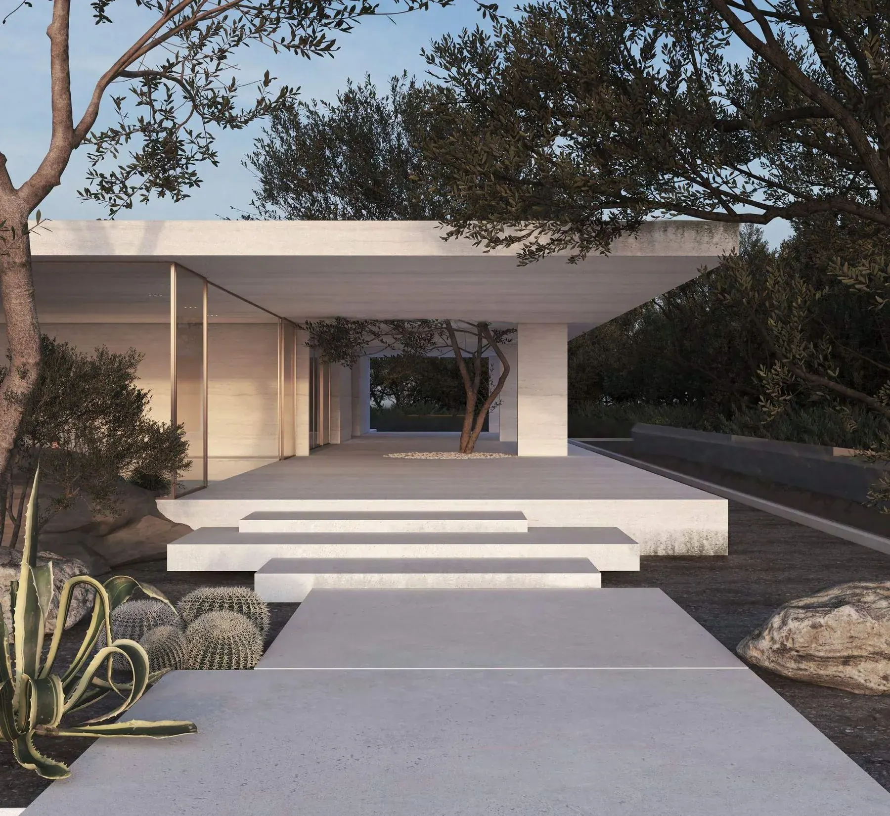 Keturah Reserve, Communal Events Pavilion with olive trees and stepped travertine deck