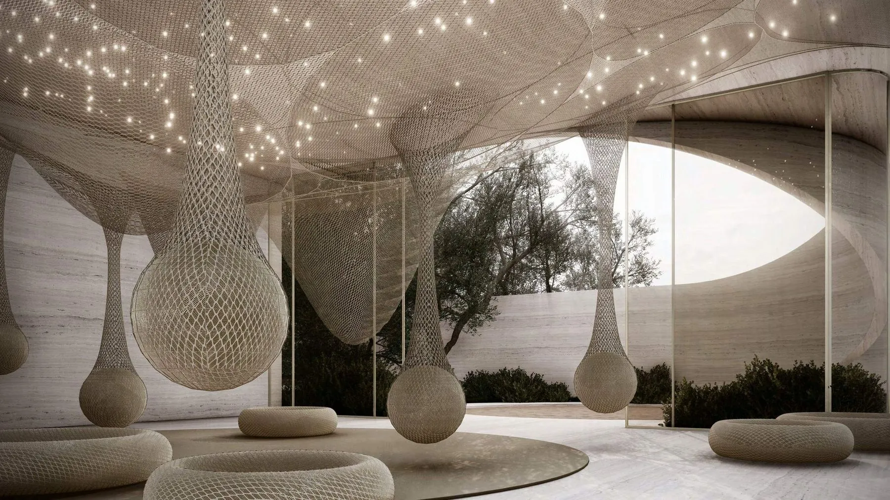 Keturah Reserve outdoor architecture, shaded textile installation amid olive trees
