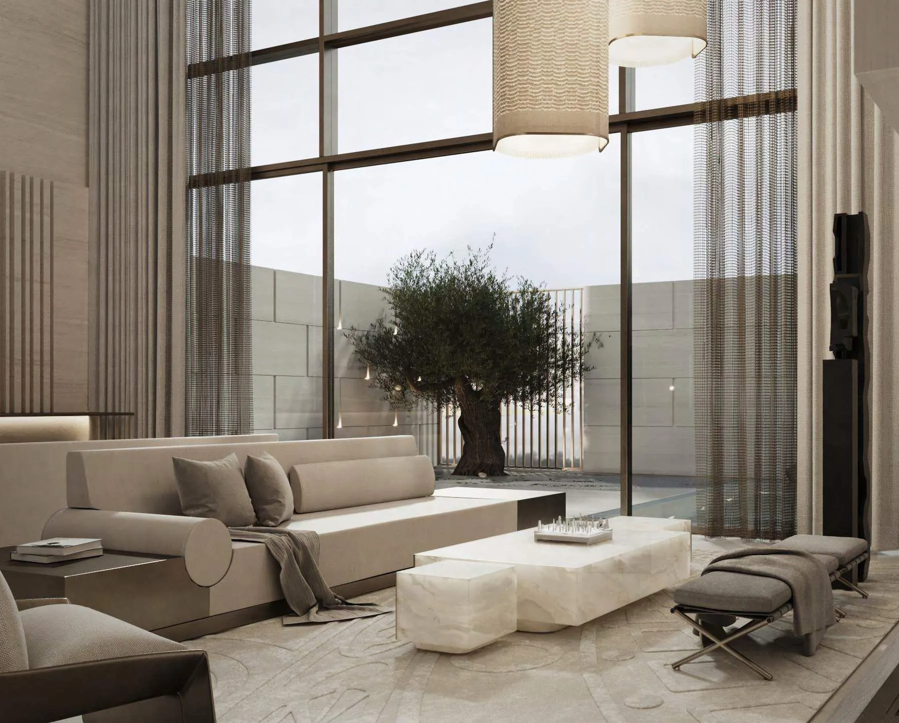 Keturah Reserve, living room with double-volume ceiling and indoor olive tree